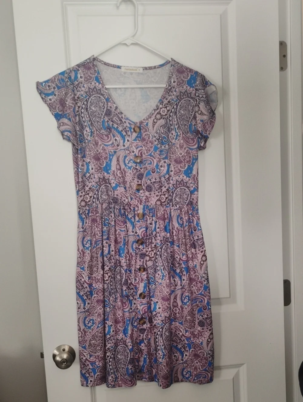 Paisley Button-Front Mini Dress in Purple & Blue